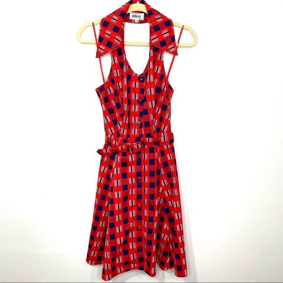 Vintage Dresses & Skirts - VINTAGE 1970’s Halter Neck Lapelled Red Plaid Belted A-Line Dress - Size 6